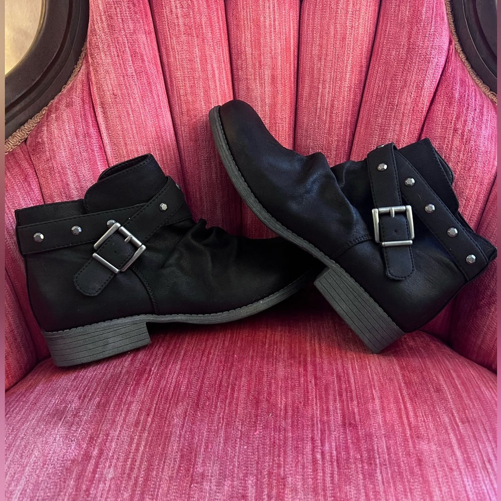 White Mountain Black Moto Style Ankle Bootie with Studded Strap Buckle Detail